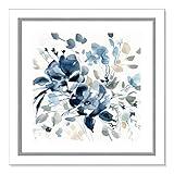 Casa Fine Arts Indigo Garden II Blue Modern Floral Wall Art Archival Watercolor Print, 22.5" X 22.5", White and Silver Frame