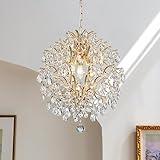 Bestier Modern Gold Pendant Chandelier Crystal Raindrop Lighting Ceiling Light Fixture Lamp for Dining Room Bathroom Bedroom Livingroom entryway 3 E12 Bulbs Required D16 in x H18 in