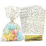 COQOFA 100 Pcs Star Printed 5"X 7" Gift Wrap Cello Cellophane Treat Bags Party Favor bags Clear Candy Cookie Bag Plastic Poly Goodie Storage Bag with Twist Ties for Bakery,Birthday, Wedding ,Party Decorations (Gold)