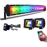 Lpteso RGBW Curved LED Light Bar 42Inch 240W Flood Spot Combo Beam 2PCS 4 Inch 18W Flood RGB LED Pods with 16 Solid Colors Chasing RGB Halo Ring Changing with Strobe Flashing with Rocker Switch Wiring