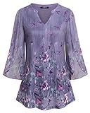 VALOLIA Womens Tops Work Casual, Plus Size Tunic Tops Ruffle 3/4 Sleeve Floral Blouse V Neck Fashion Stretchy Soft Mesh Blouse Tops for Business Work Tunics for Women Office Wear Purple XX-Large