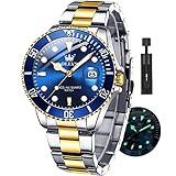 OLEVS Gold Stainless Steel Watch for Men Blue Face,Waterproof Watch with Date,Big Face Mens Watch,Dress Watch for Men Under 100,Diver Relojes De Hombre,Luminous Man Wristwatches