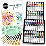 Chalkola Watercolor Paint Set for Adults, Kids, Beginner & Professional Artists - 36 Watercolor Tubes Set (12ml, 0.4oz), 10 Painting Brushes & 1 Palette | Vibrant Water Color Art Painting Supplies