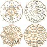 Youyole 4 Pcs 12 Inch Sacred Geometry Wood Wall Art Set Crystal Grid Board Zen Metatron Cube Sri Yantra Flower of Life Mandala Flower of Life Zen Wooden Wall Hanging Decor for Home Room