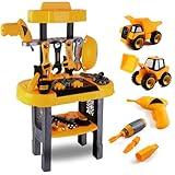 Toddlers Tool Workbench Set with Toy Tools, Construction Vehicles, and Drill – Includes Wrenches, Screwdrivers, Gear Table, Helmet, and Storage. Pretend Play Workshop for Kids, Boys and Girls 1-3, 3-5