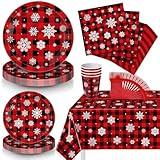 Christmas Holiday Dinnerware Set Disposable, Buffalo Plaid Christmas Decorations with Snowflake Paper Plates and Napkins Serve 24 Guests, Christmas Plaid Tablecloth for Christmas Party Table Decor