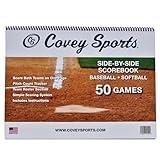 Covey Sports Baseball Scorebook with Side-by-Side Format - 50-Game Softball Scorebook and Baseball Score Keeping Book for Coaches & Announcers - Durable Spiral-Bound Sheets with Pitch Count Tracker
