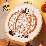 Easy Beginners Embroidery Stitches Practice Kits for Adults Kids, Fall Pumpkin Embroidery Starters Kits for Beginners to Learn 26 Stitches, Autumn Hand Embroidery Set Craft for Women & Video Tutorial