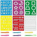 Fuutreo 12 Pieces Preschool Letter Stencils Alphabet Tracing Drawing Colorful PET Craft Alphabet Stencils Cute Pattern Paint Boards for Painting with 6 Color Highlighter