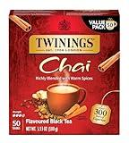 Twinings Chai Black Tea Individually Wrapped Bags, Sweet, Savoury Spices, Caffeinated, Enjoy Hot or Iced - 50 Count