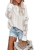 Dokotoo Womens Juniors Crewneck Fall Sweaters Long Sleeve Solid Hollow Out Fashion 2024 Casual Loose Plain Flowy Chunky Pointelle Knit Pullover Sweaters Jumper Outerwear White XL