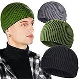 3 Pack Wool Fisherman Beanies for Men, Short Knit Watch Cap Cuffed Trawler Hats,B