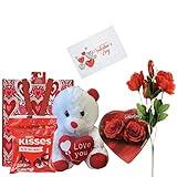 Valentines Day Gift Basket Set | 9 Inch (White Or Red) Teddy Bear Plush Hershey's Kisses Milk Chocolate | Elmer Heart Shaped Chocolate | Artificial Glitter Heart Shaped Rose Flower | V-Day Gift Bag & Valentine Gift Card Included!!