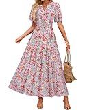 ZESICA Women's 2025 Summer Casual Floral Print Short Sleeve V Neck High Waist A Line Tiered Flowy Boho Maxi Dress,LightBlue,Medium