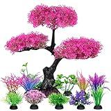 Ameliade Aquarium Artificial Plastic Plants Decoration, Pink Cherry Blossom Tree & Grass Aquarium Decor Set, Goldfish Betta Fish Tank Decorations Hides Accessories（Pink