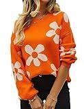 Yimoon Women's Cute Flower Sweater Oversized Crewneck Cable Knit Pullover Top Long Sleeve Aesthetic Sweater(Orange-S)