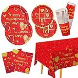 Valentine's Day Party Supplies Red Heart Love Disposable Paper Plates Napkins Cups plastic Tablecloth for Valentine's Day, Engagements, Anniversary, Birthday Party Serve 25