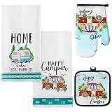 4 Pcs Camping Dish Towels Pot Holders Oven Mitts Set Making Memories One Campsite at a Time RV Kitchen Towels Soft Absorbent Pot Holder Camper Oven Mitt Dish Cloths Hand Towels