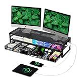 Simple Trending 2 Tier Metal Monitor Stand Riser with USB 2.0 and Charging Prot , Computer Office Desktop Organizer for 2 Monitors With Two Drawer Storage and Reusable Cable Ties,for Printer, TV, Black