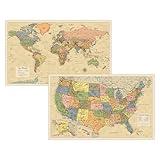 2 Pack - Laminated World Map & US Map Poster Set - Wall Chart Map of the World & United States - Made in the USA [Yellow]