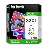 31 32XL Ink Bottle Set Compatible Replacement for HP 31 32XL Smart Tank 7301 7301 7602 5101 7001 6001 Ink Tank Printer (Black Cyan Yellow Magenta, 4-Pack)