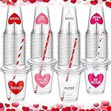 Eaasty 20 Sets Valentine's Day Disposable Cups with Lid and Straws,12 oz Clear Plastic Valentines Cups with Heart Shaped Stickers for Iced Coffee Juice Valentine's Day Party Supplies