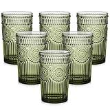 ZMOWIPDL Vintage Glassware Drinking Glasses Set of 6,13 oz Green Textured Flower Design Glass Water Tumblers，Embossed Striped Drinkware for Water,Cocktails,Juice,Iced Coffee