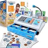 Dr. STEM Toys | Talking Toy Cash Register | STEM Learning 69 Piece Pretend Store with 3 Languages, Paging Microphone, Credit Card, Bank Card, Play Money and Banking for Kids, Silver