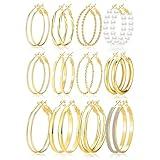 Gold Hoop Earrings Set for Women, 12 Pairs Hypoallergenic Large/Big Thin Thick Gold Hoops Earrings Loop Pack for Jewelry Gift 40mm/50mm