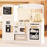 Play Kitchen Set for Kids, Wooden Kids Kitchen Playset with Real Lights & Sounds, Interactive Toy Kitchen with Felt Boxes for Storing Kitchen Utensils and Ice Maker Toy Accessories (White)