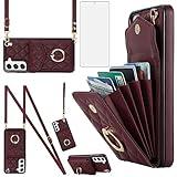 Asuwish Phone Case for Samsung Galaxy S21 FE 5G Wallet Cover with Tempered Glass Screen Protector Crossbody Ring RFID Blocking Card Holder Cell S 21 EF S21FE5G UW S21FE 21S G5 6.4 inch Women Wine Red