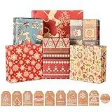 SmoTecQ Christmas Gift Wrapping Paper, Made from Recycled Kraft Paper, 10 Pack 70X50CM Folded Sheets with 10 Gift Tags