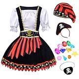 ZZIHAN Girls Pirate Costume – Pirate Princess Dress with Hat, Belt, Eyepatch, Hairband & Treasure Toys – Kids Cosplay Outfit for Halloween, Birthday Party, Christmas Gift (4-5T)