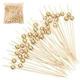200 Pcs Cocktail Picks,4.7 Inch Toothpicks for Appetizers,Disposable Bamboo Cocktail Stick for Drink,Fruits,Desserts,Party Fancy Toothpicks,Mini Electroplated Gold Bead Food Picks Decorative