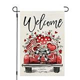 CROWNED BEAUTY Valentines Day Garden Flag 12x18 Inch Double Sided for Outside Small Welcome Burlap Red Hearts Truck Eucalyptus Holiday Yard Decoration