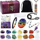 22Pcs Healing Crystals Set, Chakra Quartz Kits in Wooden Box (7 Raw and 7 Tumbled Chakra Stones, Lava Bracelet, Chakra Necklace and Amethyst Pendulum, Thumb Worry Stone, Selenite Charging Plate, etc.)