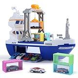 CUTE STONE Cargo Ship Toy & Gantry Crane, Toy Boat and Crane Playset with Sounds & Lights, Transport Containers, Push and Go Vehicle Cars, Kids Play Boats for Boys Girls