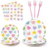 G1ngtar 96Pcs Conversation Heart Party Plates Supplies Valentine’s Day Party Tableware Decoration Colorful Heart Candy Disposable Paper Plates Napkins Forks for Valentine Birthday Wedding, Serves 24