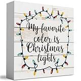 Rustic My Favorite Color is Christmas Lights Wood Box Sign, Farmhouse Christmas Santa Artwork Decor, Wood Square Sign Desk Block Signs Home Shelf Office Decoration 5 x 5 Inches