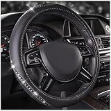 CAR PASS Bling Diamond Black Leather Steering Wheel Cover, Studded Crystal Rhinestones Universal Fit 14" 1/2-15" Glitter for Women Sparkle Girl Fit Suvs,Vans,Sedans,Car,Trucks, Silver Diamond