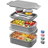 DaCool Adults Lunchbox Bento Box - 74 OZ All-in-One Stackable Lunch Box for Adults Men Women Teens Leakproof Bento Large Lunch Box Containers with Fork Spoon Sauce Box for Dining Out Work School,Grey