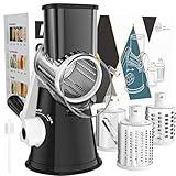 Cambom Rotary Cheese Grater Hand Crank Cheese Shredder for Fresh Cheese, Vegetable, Nuts,Non-slip Suction Base, Free Cleaning Brush Three Blades, Black
