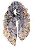 GERINLY Floral Birds Work Scarves for Womens Lightweight Cotton Shawls and Wraps Soft Thin Neckwear Head Scarf (Grey)