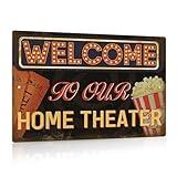 Putuo Decor Movie Theater Sign, Vintage Wall Decor for Bar, Cafes Pubs, Media Room, 12x8 Inches Aluminum Metal Sign (Welcome to Our Home Theater)