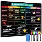 MaxGear Weekly Black Dry Erase Board,16"x12" Magnetic Whiteboard Meal Planner Blackboard for Fridge, Chalkboard Calendar Menu Board for Kitchen w/5 Markers and 1 Eraser as Planning Board/Notepad