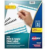 Avery 5 Tab Unpunched Dividers for Use with Any Binding System, Easy Print & Apply Clear Label Strip, Index Maker Customizable White Tabs, 25 Sets (11443)