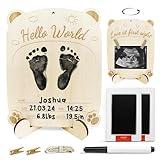 CHIPCHIP Baby Announcement Sign Memory Kit, Wooden Baby Footprint Kit and Ultrasound Picture Frames with Ink Pads, Ideal for Hello World Newborn Sign and Nursery Decor