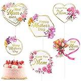 Happy Mother's Day Cake Topper Mothers Day Toppers 12 Pcs Cake Decoration Picks Sticks for Mom Mother Heart Flower Designs Gold Foil