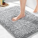 Yimobra Bathroom Rugs Non Slip Washable 24x17, Ultra Soft and Water Absorbent Bath Mats, Plush Fluffy Shower Mat Outside, Microfiber Thick Matts for Bathroom Floor/Sink, Light Gray and White