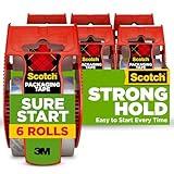 Scotch Sure Start Packing Tape, Clear, Holiday Wrapping Tape with Quiet Unwind and Easy Start, 1.88 in. x 22.2 yd., 6 Tape Rolls with Dispensers